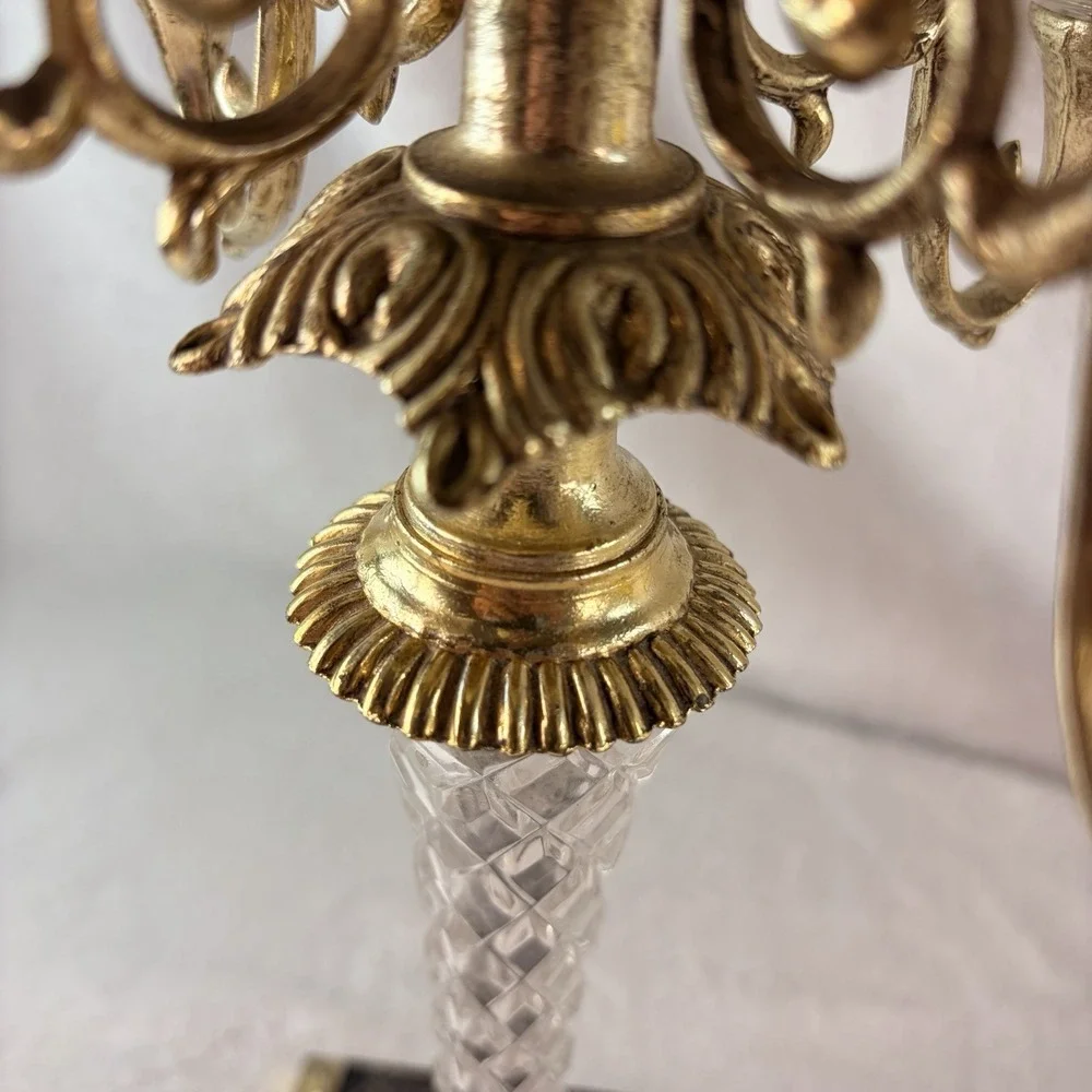 Vtg 50s Dilly Mfg Co 5-Arm Candelabra Hollywood Regency Brass Crystal Marble USA
